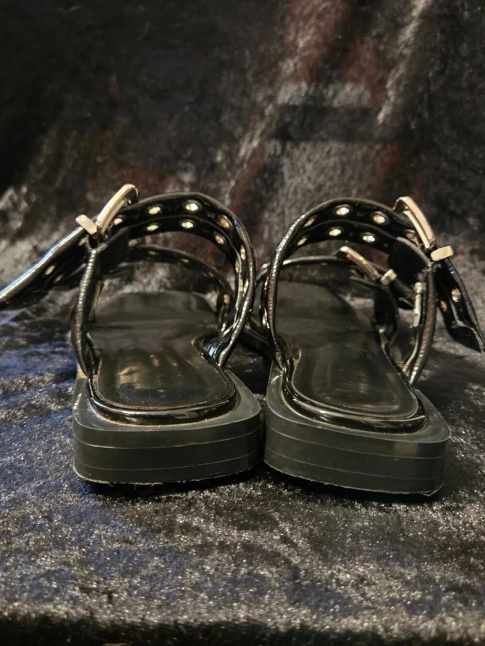 Black Patent Double Buckle Grommet Platform Sandals Y2K Punk